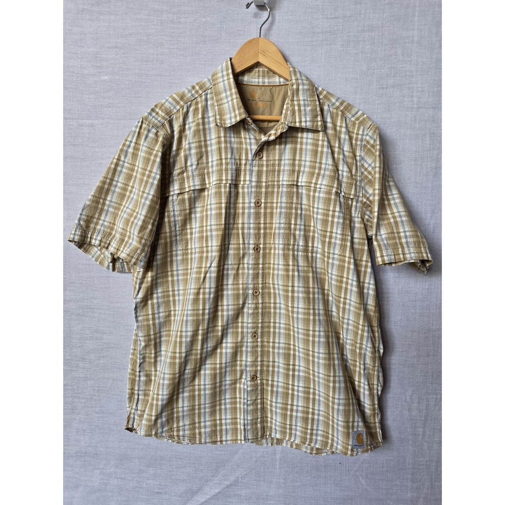 Carhartt Shirt Relaxed Fit Size Large Tan Khaki Plaid Shirt Sleeve Mens Force